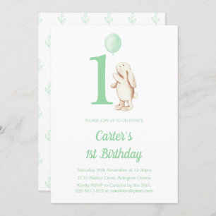 Invitation Lapin et Balloon Vert 1er Anniversaire