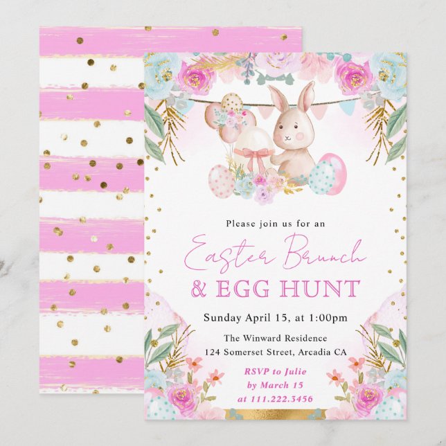 Invitation Lapin et fleurs à l'aquarelle, brunch de Pâques (Devant / Derrière)