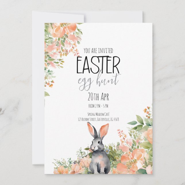 Invitation Lapin et fleurs élégants à l'aquarelle pour Pâques (Devant)