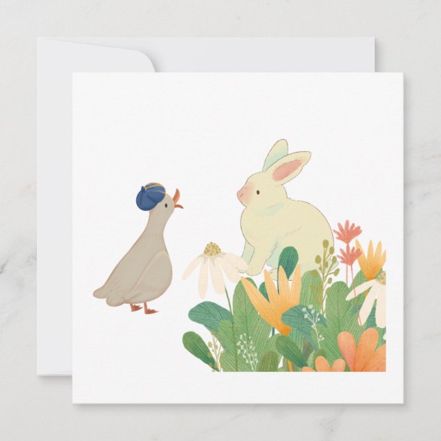 Invitation Lapin et Oiseau de Whimsical en Fleur - Plage de p (Devant)