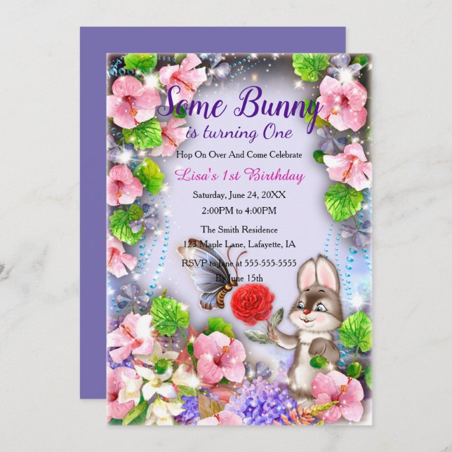 Invitation Lapin Et Papillon 1er Anniversaire (Devant / Derrière)