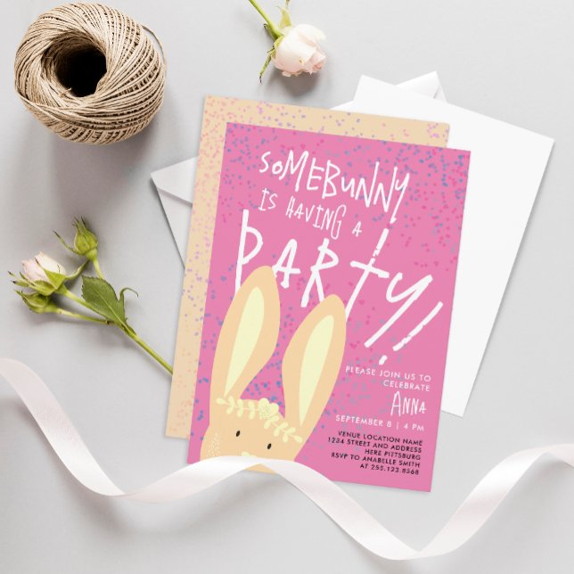 Invitation Lapin Féminin Mignon avec Points Rose Pastel Fête (Créateur téléchargé)