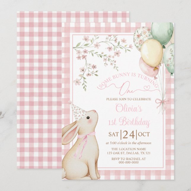 Invitation Lapin fille arc rose Coquette 1er anniversaire (Devant / Derrière)