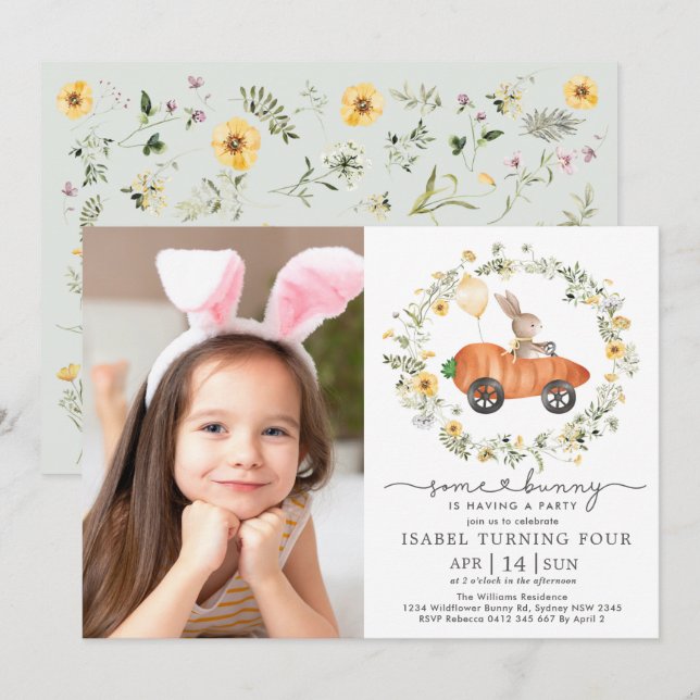Invitation Lapin fleur sauvage Lapin Pâques Anniversaire Phot (Devant / Derrière)