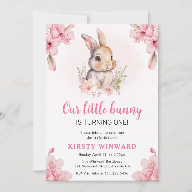 Invitation Lapin Fleurs de Cerisier Aquarelle 1er Anniversair (Devant)