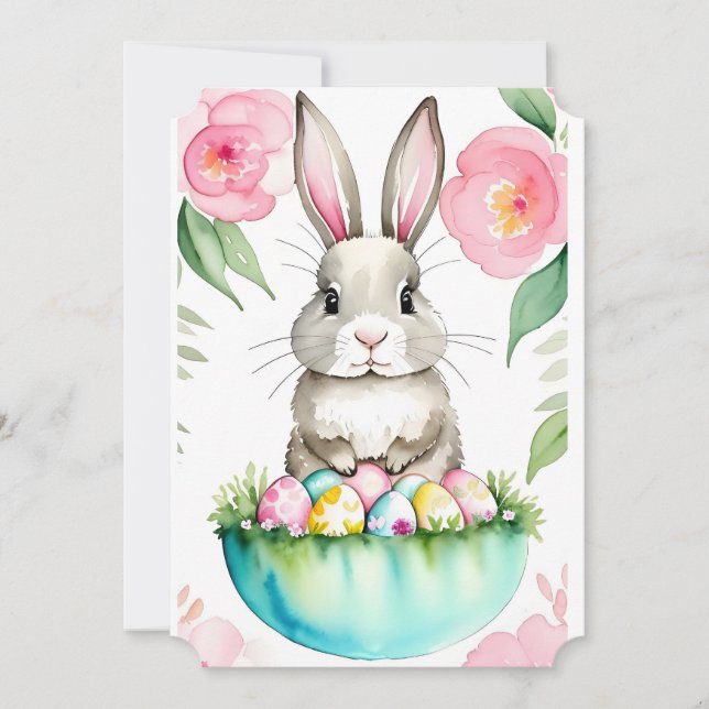 Invitation Lapin Fleurs Roses Vert de Printemps  Œuf de Pâque (Devant)