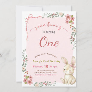 Invitation Lapin Floral à Nœud Rose Coquette 1er Anniversaire