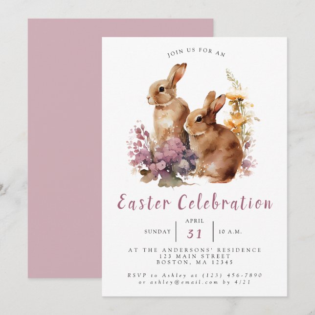 Invitation Lapin floral aquarelle lilas Pâques (Devant / Derrière)