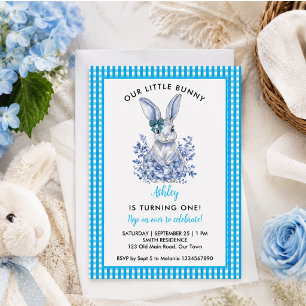 Invitation Lapin Floral Bleu 1er Anniversaire pour Enfants