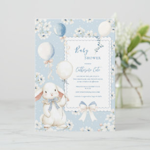 Invitation Lapin Floral Bleu avec Ballons Élégant Bébé