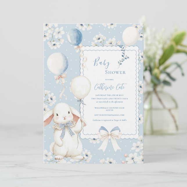 Invitation Lapin Floral Bleu avec Ballons Élégant Bébé (Debout devant)