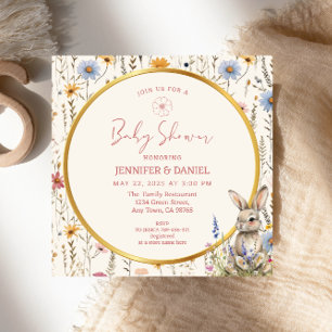 Invitation Lapin Floral Élégant Beige Baby Shower