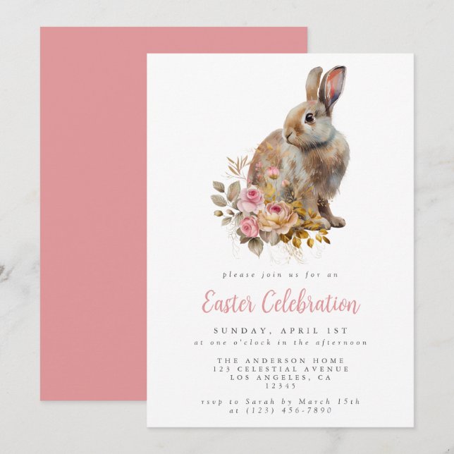 Invitation Lapin Floral Élégant Fête de Pâques (Devant / Derrière)
