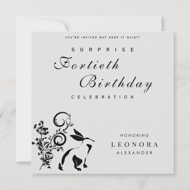 Invitation Lapin Floral Moderne TOUTE Surprise Fête d'Anniver (Devant)
