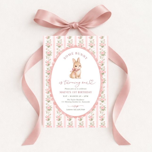 Invitation Lapin Floral Rose 1er Anniversaire (Créateur téléchargé)