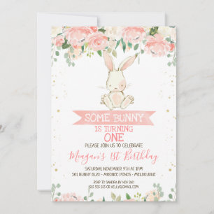 Invitation Lapin Floral Rose 1er Anniversaire