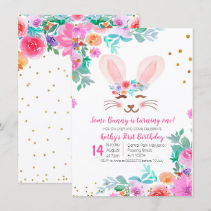 Invitation Lapin Floral Rose Doux 1er anniversaire