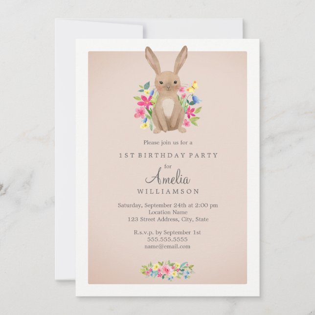 Invitation Lapin Floral Rose doux Premier Anniversaire Invita (Devant)