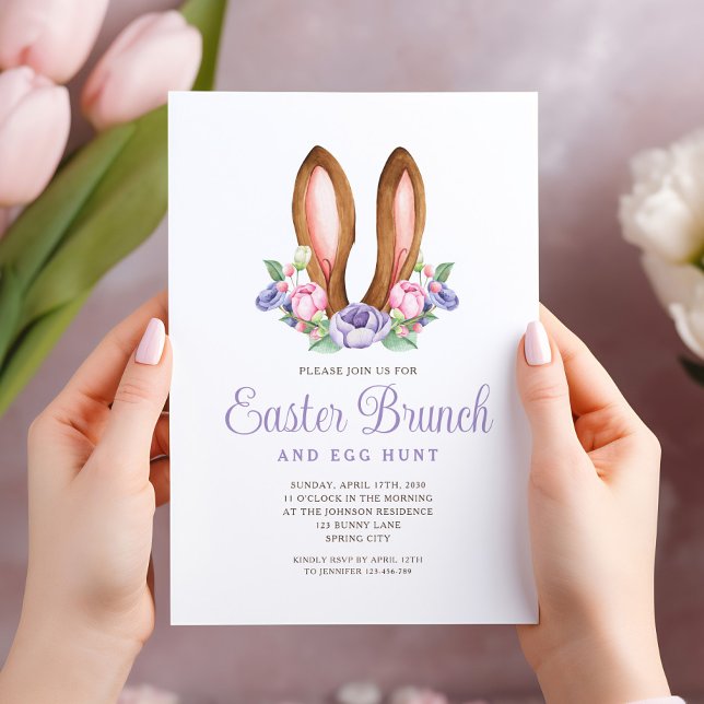 Invitation Lapin Floral Violet Oreilles Pâques Brunch (Purple Floral Bunny Ears Easter Brunch Invitation)