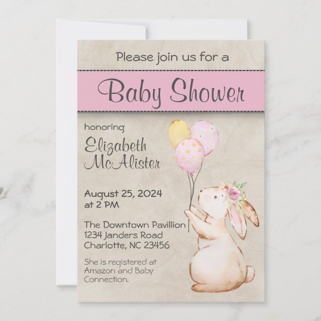 Invitation Lapin Lapin avec Baby shower Balloons (Devant)