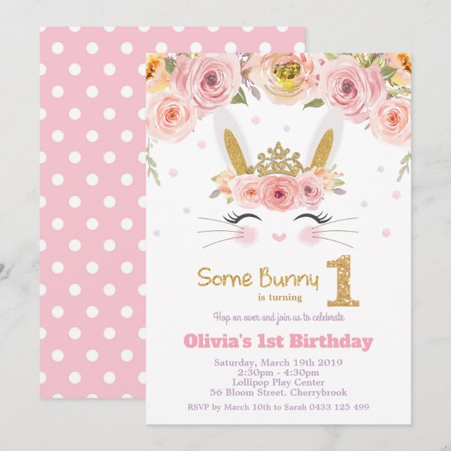 Invitation Lapin Lapin Cute Rose Floral 1er Anniversaire (Devant / Derrière)