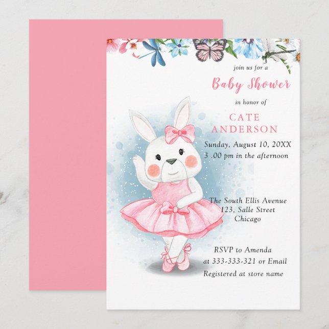 Invitation Lapin Lapin Danser Baby shower Ballerina (Devant / Derrière)