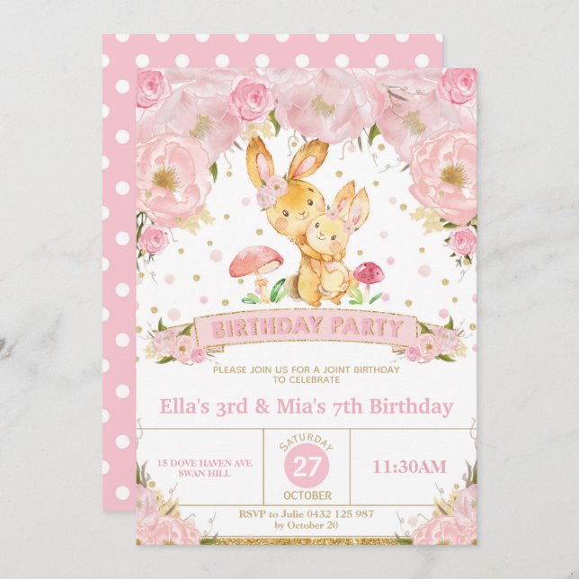 Invitation Lapin Lapin Floral Jumelles Soeurs d'Anniversaire (Devant / Derrière)