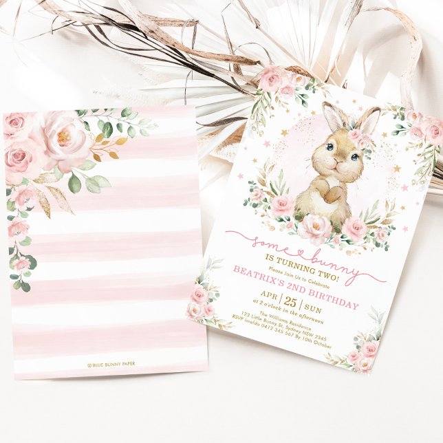 Invitation Lapin Lapin Floral Rose Fille Fille Anniversaire (Créateur téléchargé)