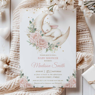 Invitation Lapin Lapin Lune Rose Blush Baby shower Floral
