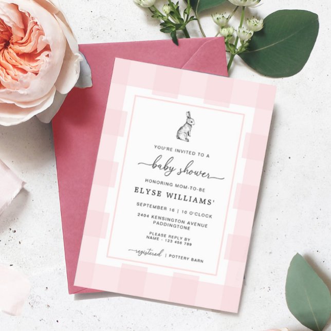 Invitation Lapin Lapin Rose En vichy Baby shower (Pink Gingham Bunny Rabbit Baby shower Invitation)