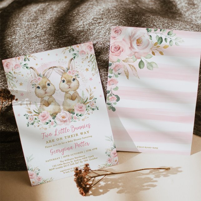 Invitation Lapin Lapin Rose Floral Baby shower Twin Girl Twin (Créateur téléchargé)