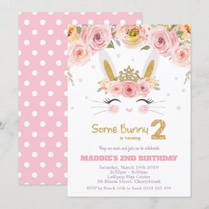 Invitation Lapin lapin rose floral mignon 2ème anniversaire