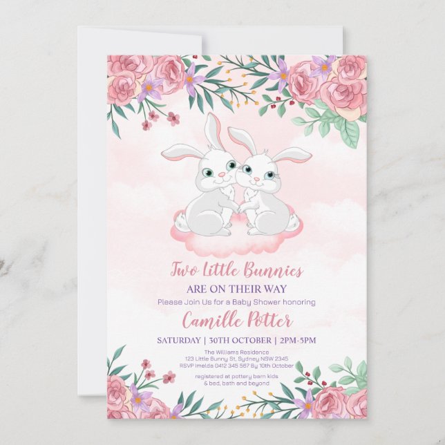 Invitation Lapin Lapin Rose Floral Twin Twin Girl Baby shower (Devant)
