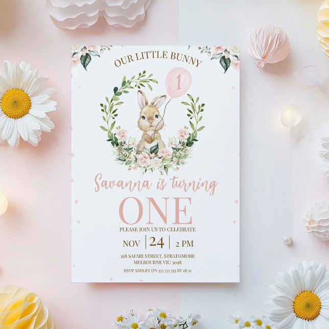 Invitation Lapin lapin rose rose crème 1er anniversaire (Bunny Themed 1st Birthday Invitation, Floral Some Bunny Birthday Invitation, Girls Bunny Invitation )