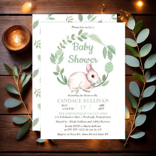 Invitation Lapin Lapin Sage Floral Wreath Baby shower garçon