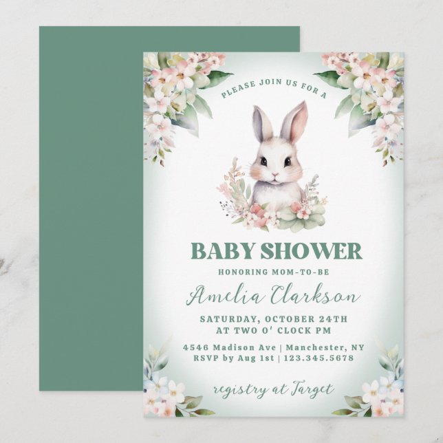 Invitation Lapin Lapin Vert Doux & Baby shower Floral (Devant / Derrière)