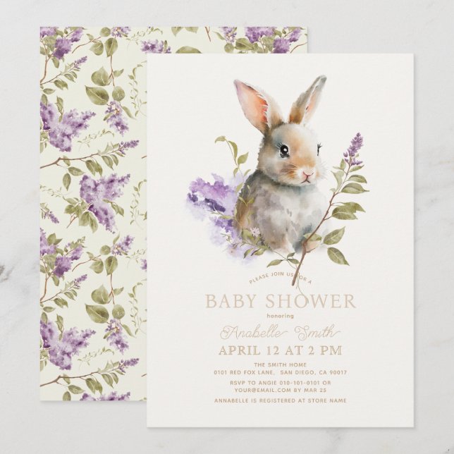Invitation Lapin Lapin Violet Lilac Baby shower Floral (Devant / Derrière)