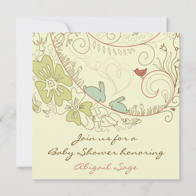 Invitation Lapin lapins et fleurs Baby shower neutre (Devant)