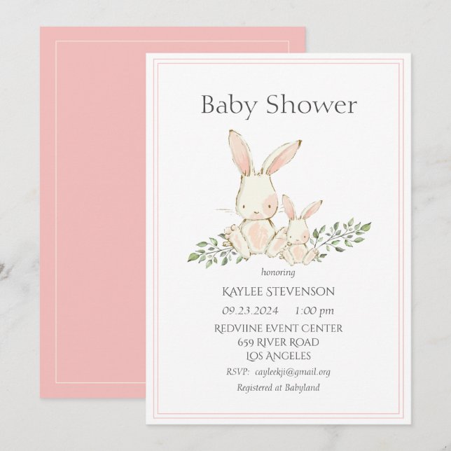 Invitation Lapin lapins rose Baby shower moderne (Devant / Derrière)