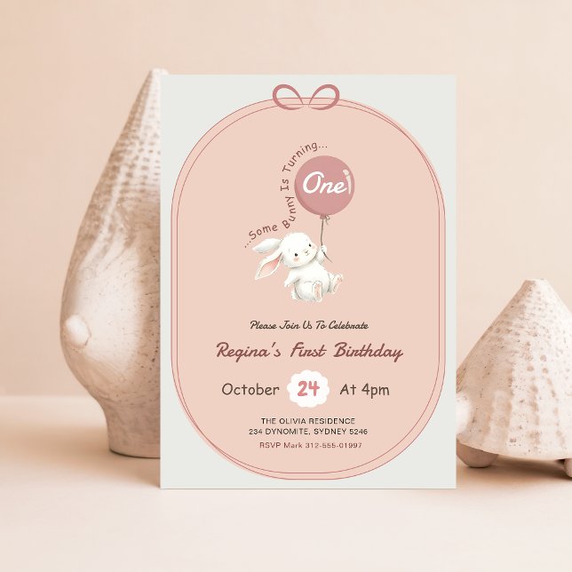 Invitation Lapin Mignon avec Arc Rose 1er Anniversaire (Créateur téléchargé)