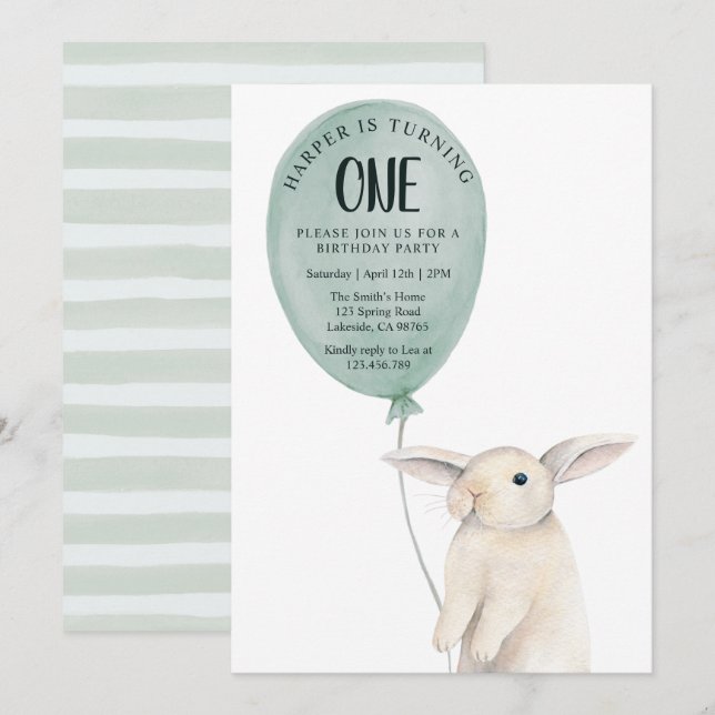 Invitation Lapin mignon avec ballon d'anniversaire  (Devant / Derrière)