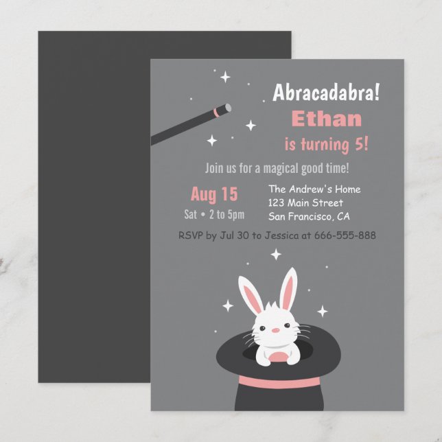 Invitation Lapin Mignon avec Chapeau Thème de Fête d'Annivers (Devant / Derrière)
