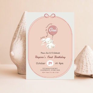 Invitation Lapin Mignon avec Ruban Rose 1er Anniversaire
