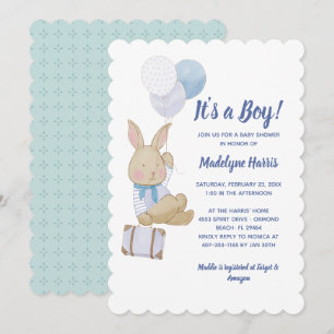 Invitation Lapin Mignon Ballons Bleus C'est un Garçon Baby Sh