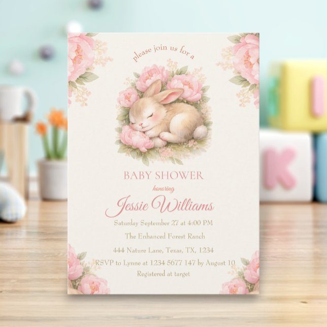 Invitation Lapin Mignon Bébé Fille Rose Fardée Baby Shower (Créateur téléchargé)