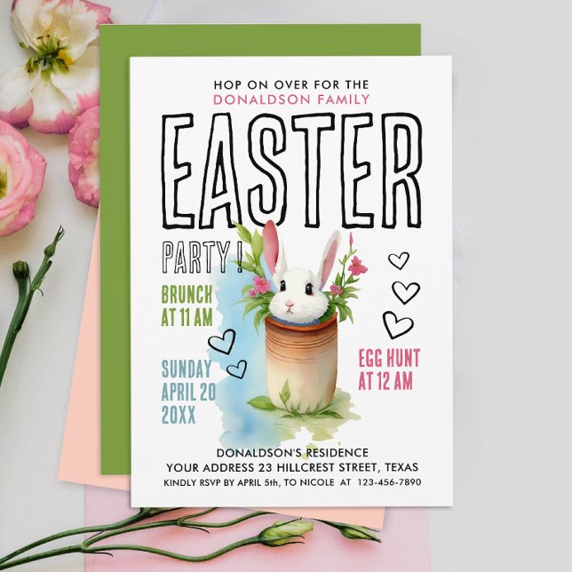 Invitation Lapin mignon chasse aux œufs de Pâques rose et ver (Créateur téléchargé)