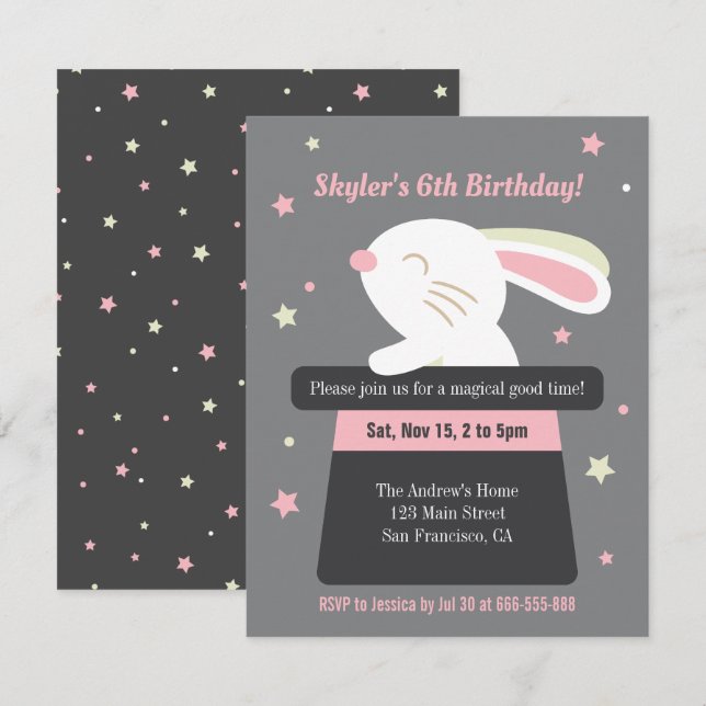 Invitation Lapin Mignon dans un Chapeau Magique Étoilé pour F (Devant / Derrière)