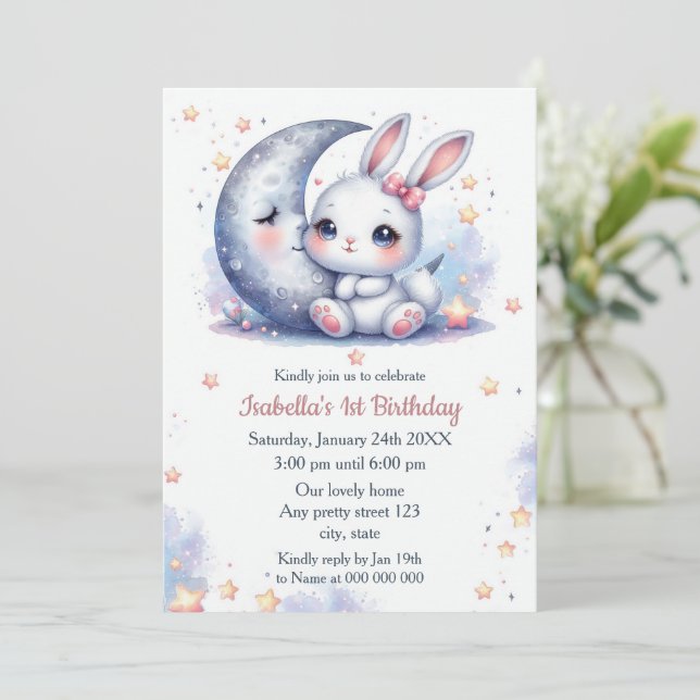 Invitation lapin mignon et l'anniversaire de lune croissant (Debout devant)