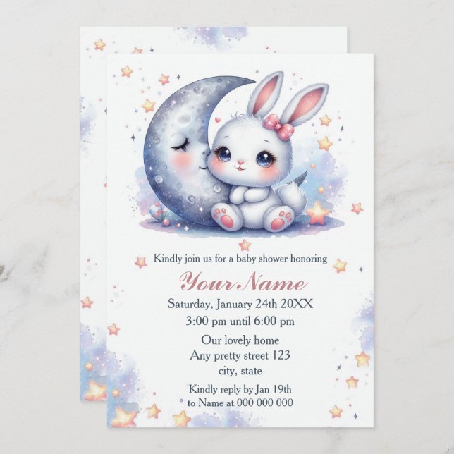 Invitation lapin mignon et le baby shower de la lune (Devant / Derrière)
