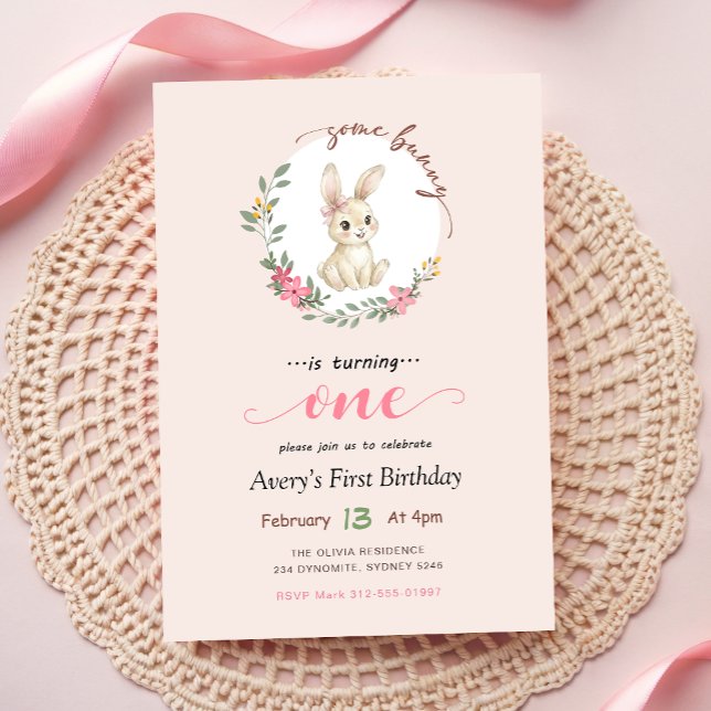 Invitation Lapin Mignon Fille Floral 1er Anniversaire (Créateur téléchargé)